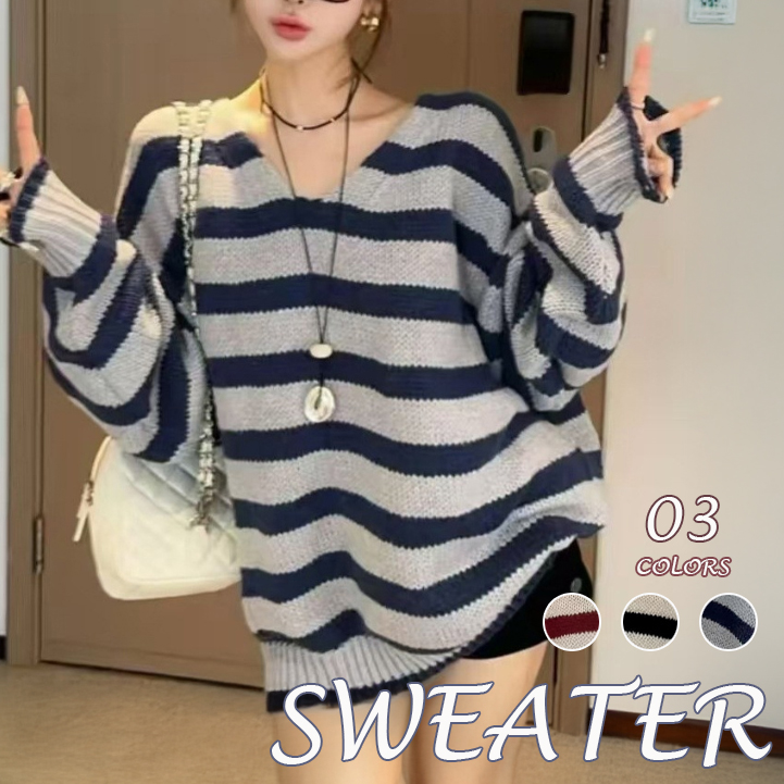 大きめサイズ ボーダーニット セーター ブイネック 長袖 ストライプ柄