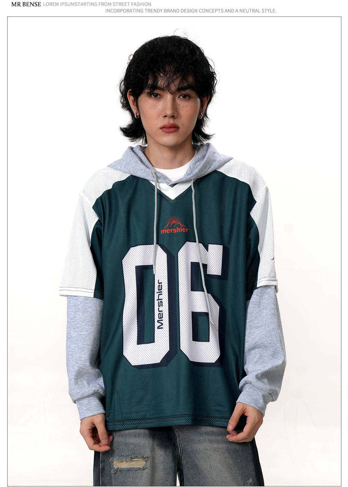 大きめサイズ 背番号デザイン重ね着風バスケットボール パーカー