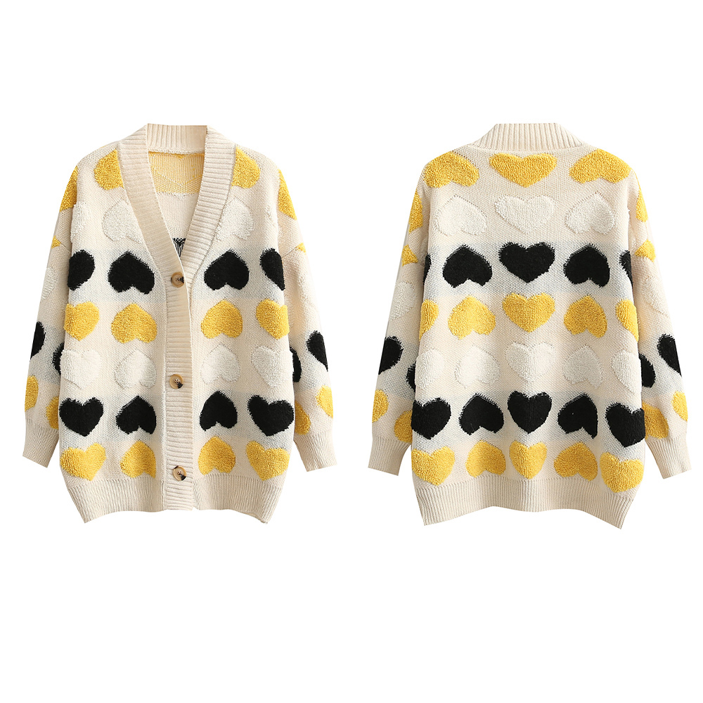 ハート柄配色ニットカーディガン大きめサイズレディース