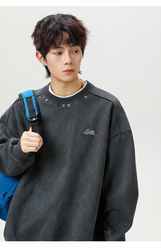 大きめサイズ メンズ秋新作刺繍入りゆったりスウェット