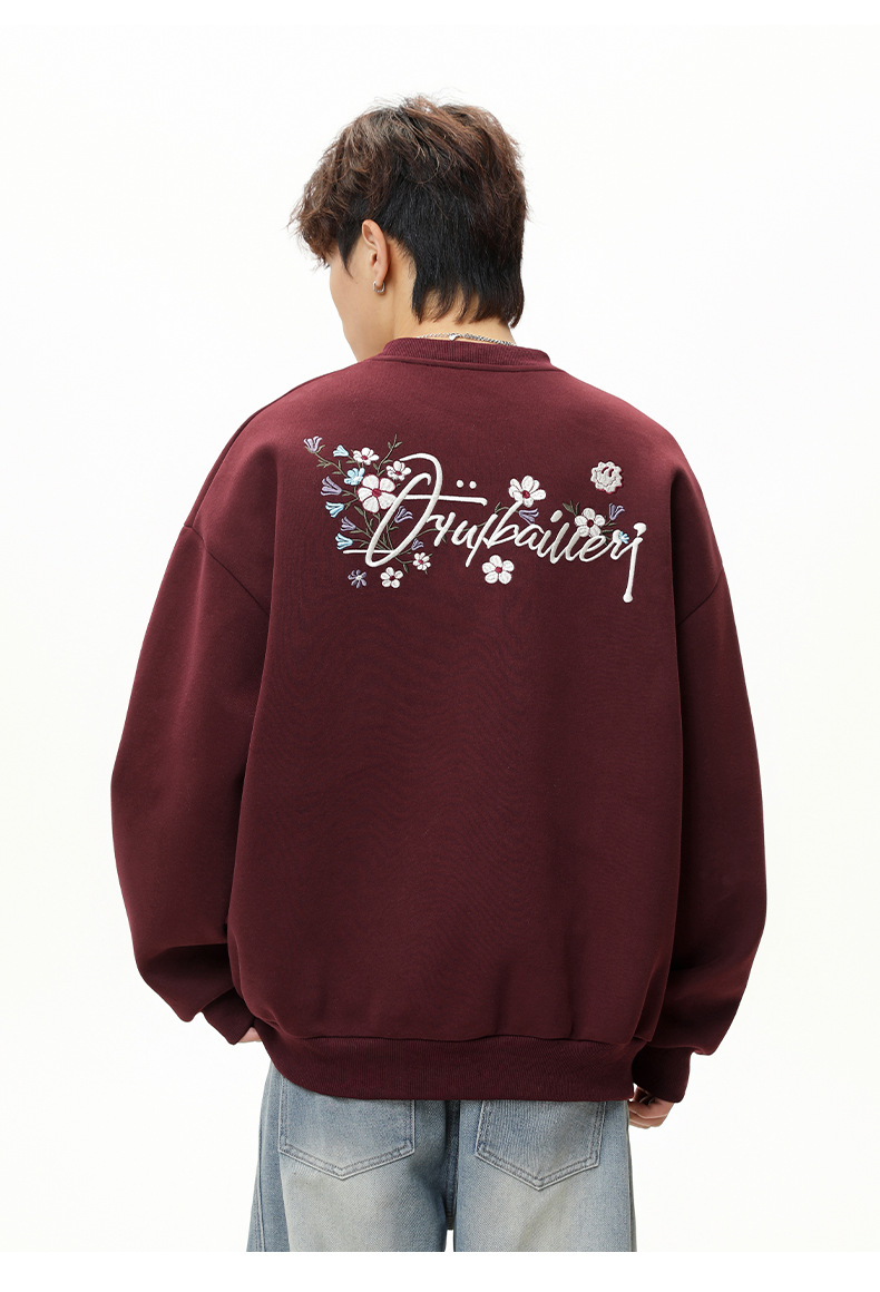 刺繍入り丸首スウェット ゆったり大きめサイズ 全4色展開