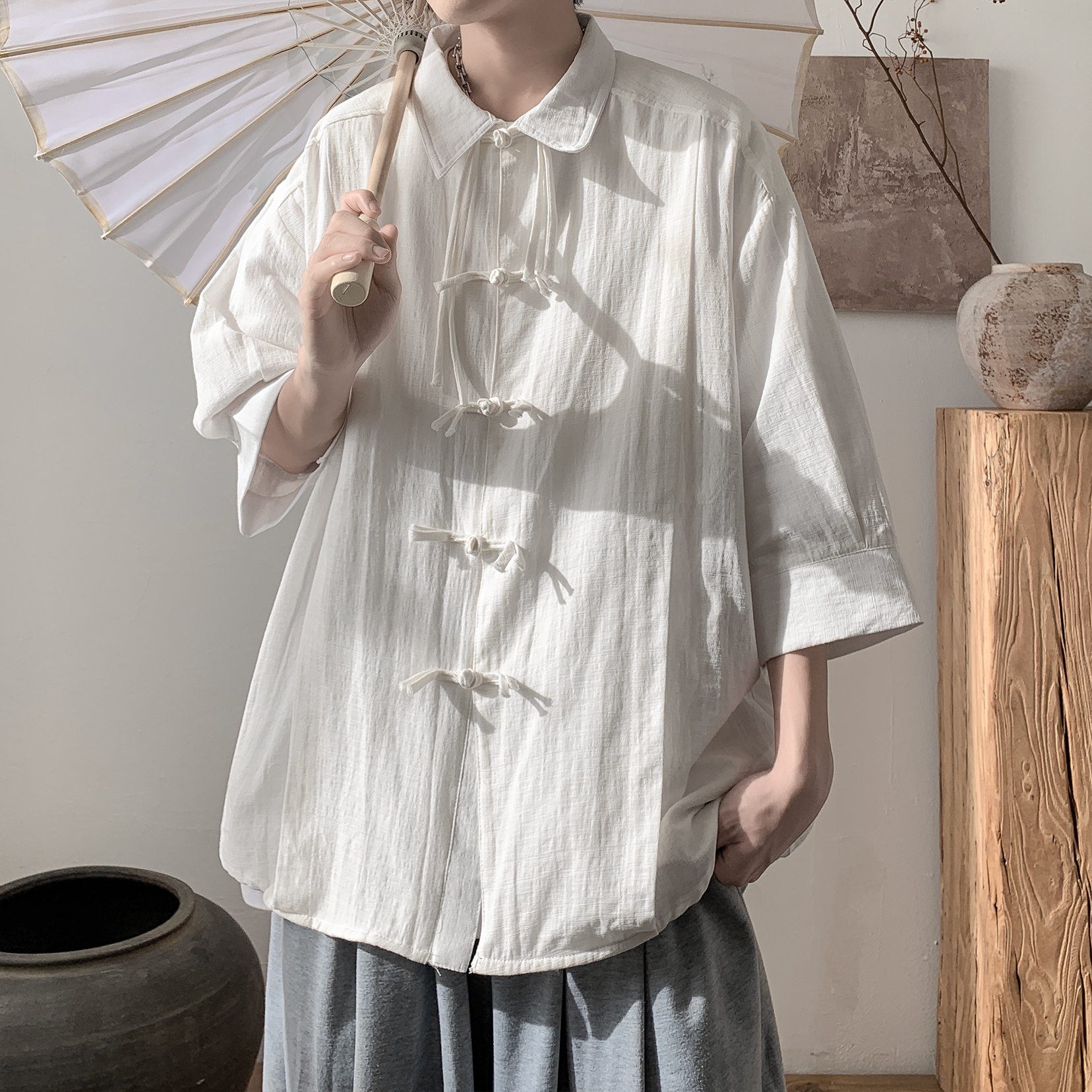 大きめサイズ 涼感麻風チャイナボタン長袖ゆったりシャツ