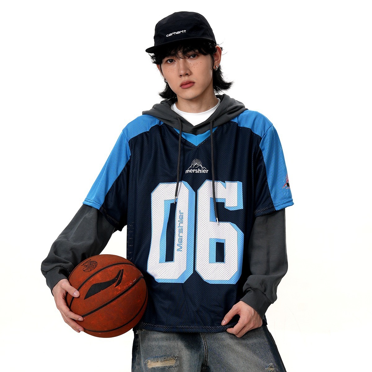 大きめサイズ 背番号デザイン重ね着風バスケットボール パーカー