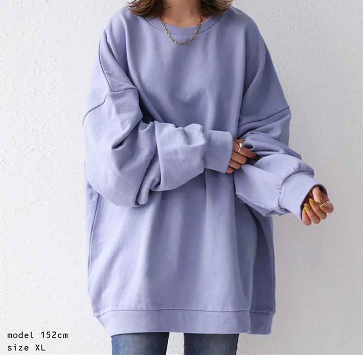 大きめサイズ 秋冬新作 丸首長袖プルオーバー 無地ゆったりトップス