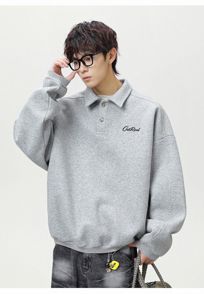 大きめサイズ メンズ 秋新作 ヴィンテージ風 襟付き長袖プルオーバースウェット 全3色