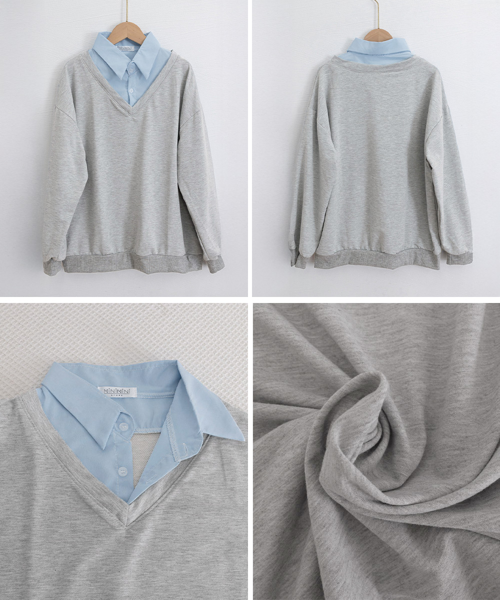 大きめサイズ シャツ襟切り替え大きめスウェット長袖