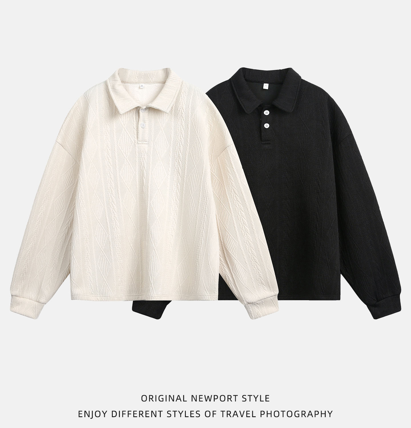 大きめサイズ 男女兼用 大きめポロ襟スウェット 長袖トップス 全2色
