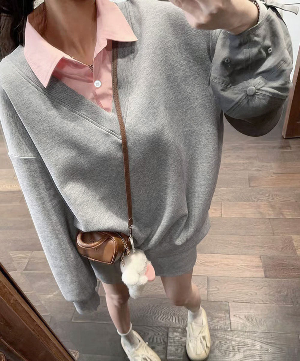 大きめサイズ シャツ襟切り替え大きめスウェット長袖