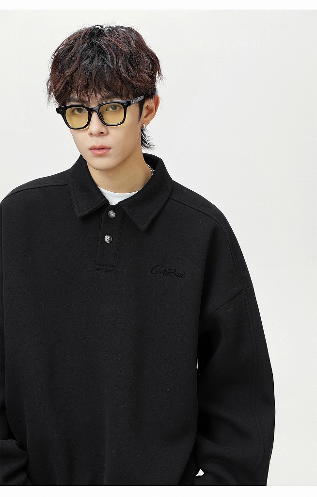 大きめサイズ メンズ 秋新作 ヴィンテージ風 襟付き長袖プルオーバースウェット 全3色