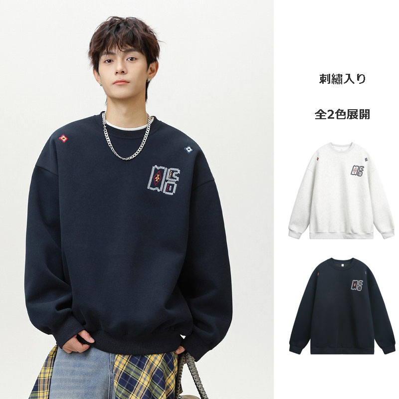 男性用厚手刺繍入り丸首スウェット大きめサイズ全2色