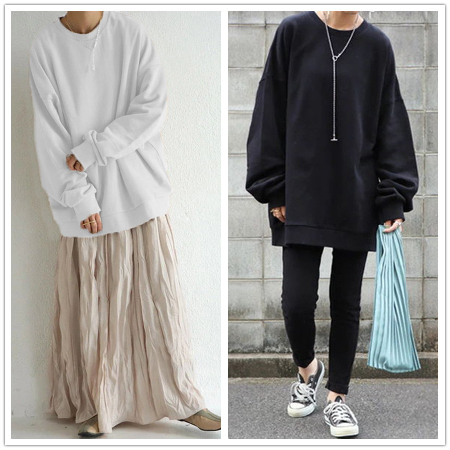 大きめサイズ 秋冬新作 丸首長袖プルオーバー 無地ゆったりトップス