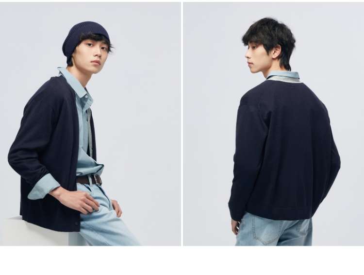 大きめファッション 画像には特大サイズのニットが含まれていませんが、GAP ブランドのカジュアルな男性向けファッションが示されています。その中で、カーディガンが見られるので、それを元にと説明を作成します。