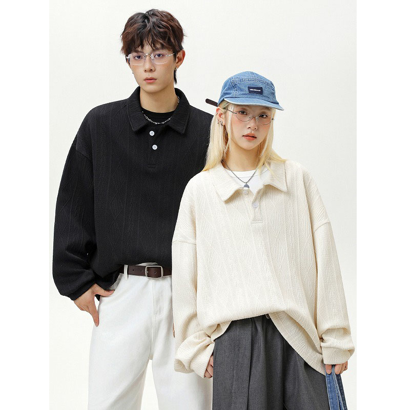 大きめサイズ 男女兼用 大きめポロ襟スウェット 長袖トップス 全2色