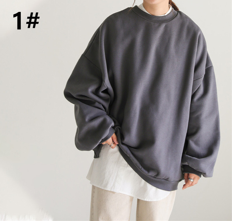 大きめサイズ 両面着ゆったり裏起毛プルオーバー丸首長袖トップス