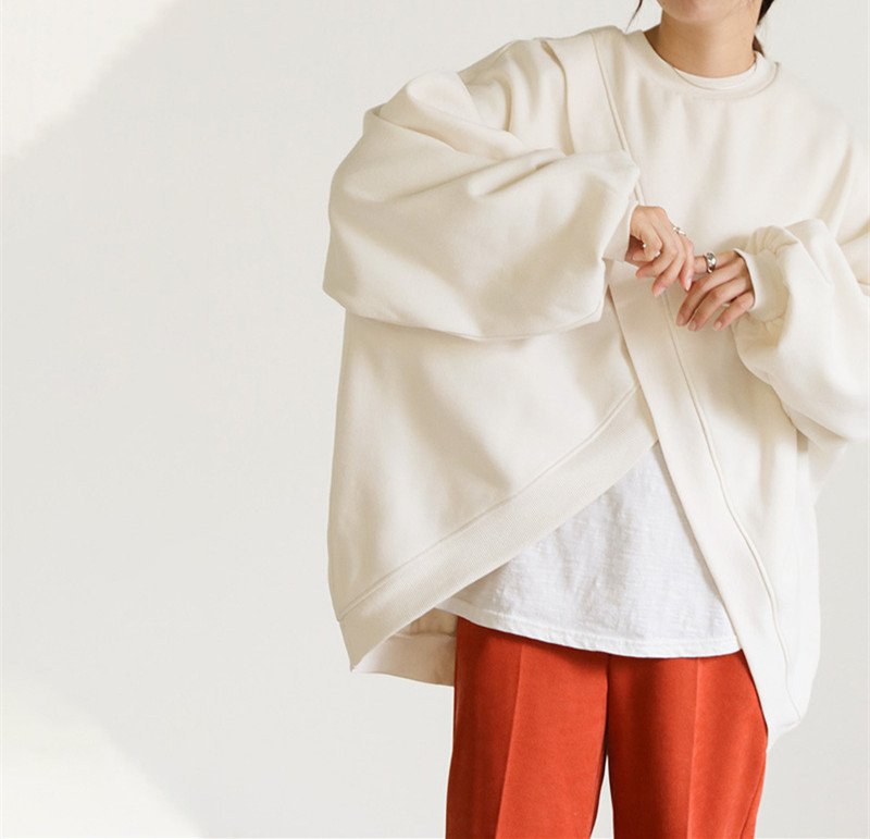 大きめサイズ 両面着ゆったり裏起毛プルオーバー丸首長袖トップス