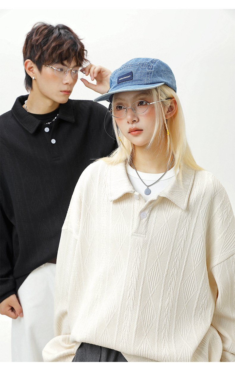 大きめサイズ 男女兼用 大きめポロ襟スウェット 長袖トップス 全2色