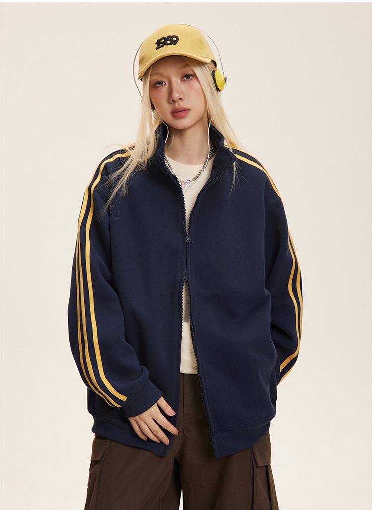 大きめサイズ 男女兼用復古風拉鍊運動外套大尺寸全三色