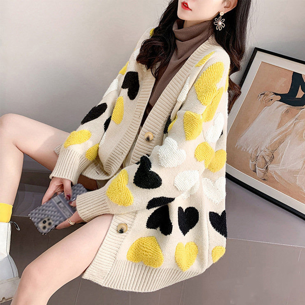 ハート柄配色ニットカーディガン大きめサイズレディース