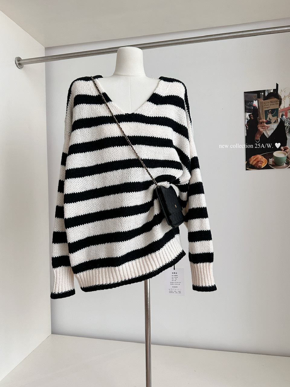 大きめサイズ ボーダーニット セーター ブイネック 長袖 ストライプ柄