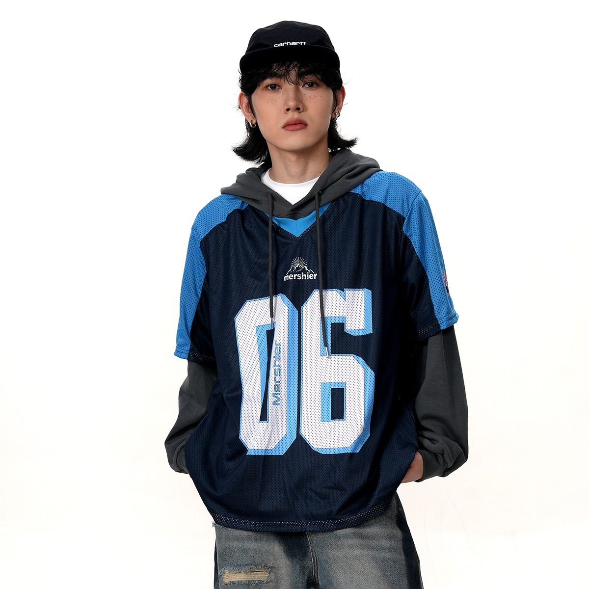 大きめサイズ 背番号デザイン重ね着風バスケットボール パーカー