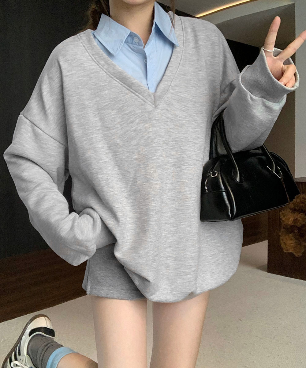 大きめサイズ シャツ襟切り替え大きめスウェット長袖