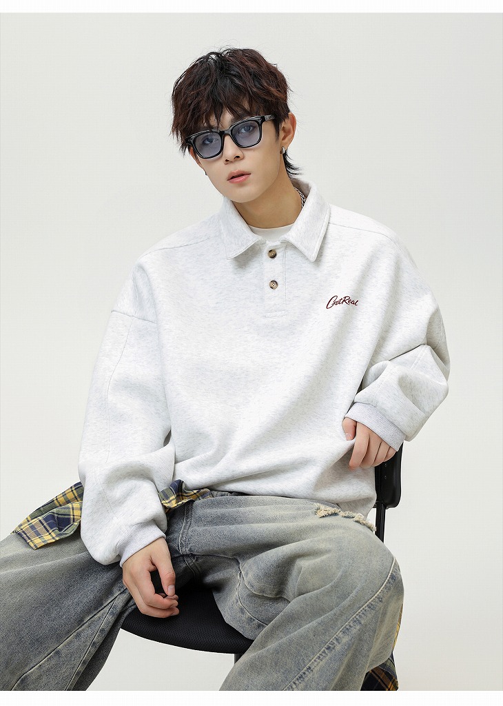 大きめサイズ メンズ 秋新作 ヴィンテージ風 襟付き長袖プルオーバースウェット 全3色