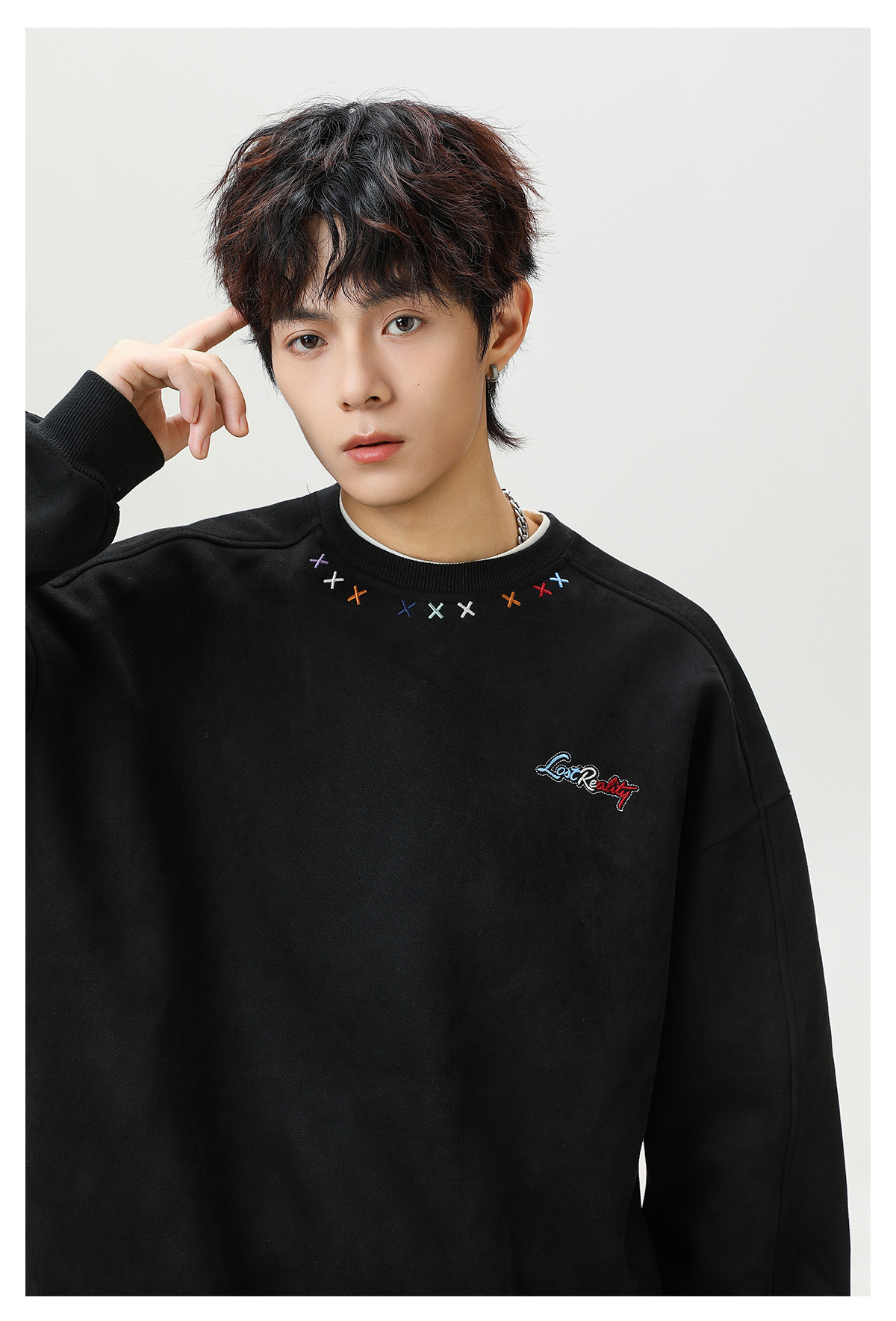 大きめサイズ メンズ秋新作刺繍入りゆったりスウェット