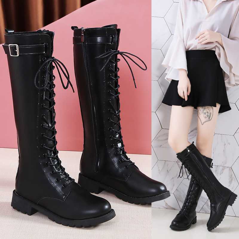 バイクブーツ 編み上げデザイン ロングブーツ
