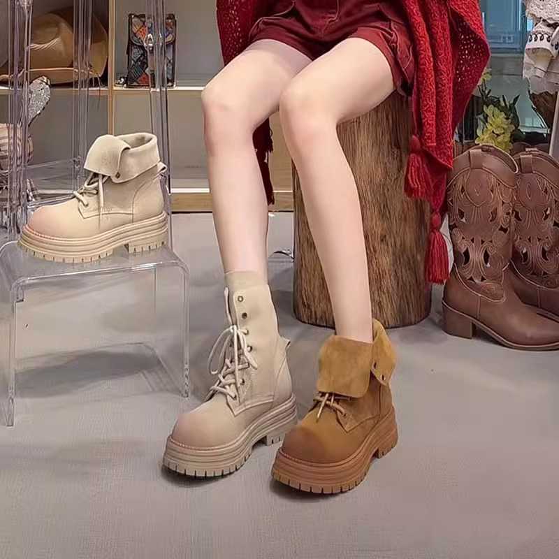 バイクブーツ 折り返しデザイン厚底ショートブーツ