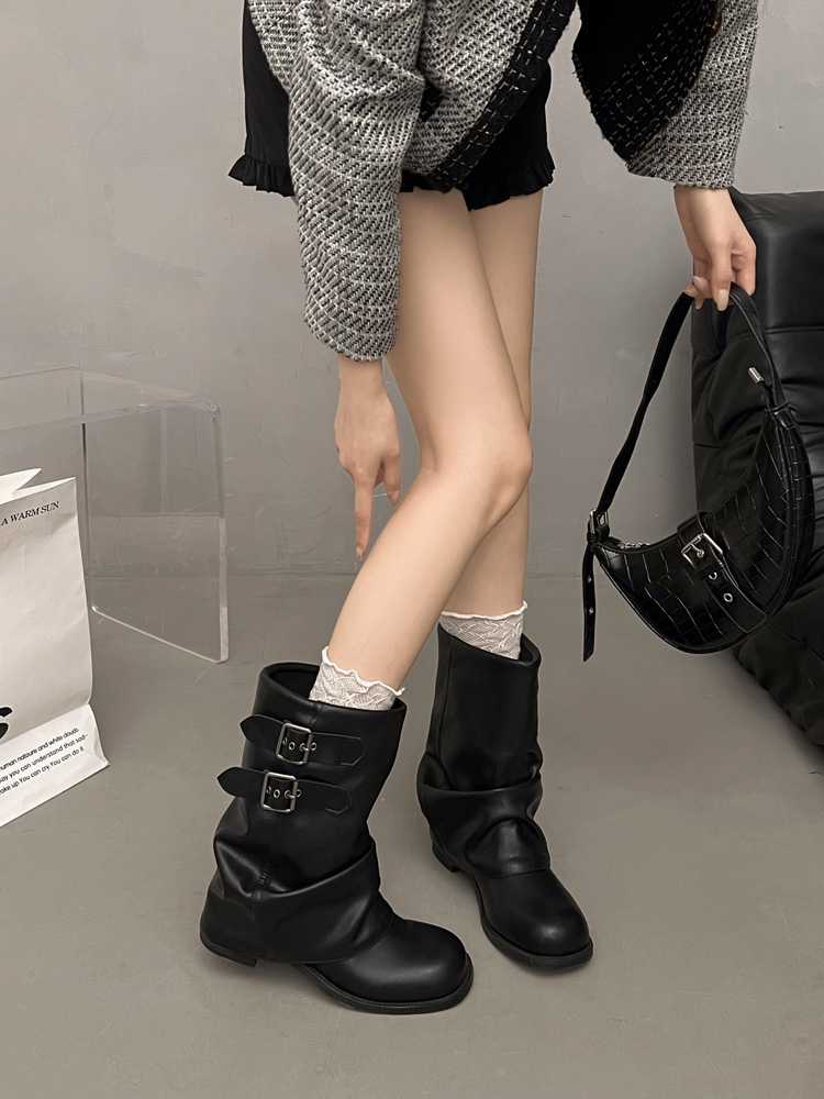 バイクブーツ 二連ベルト装飾シンプルロングブーツ