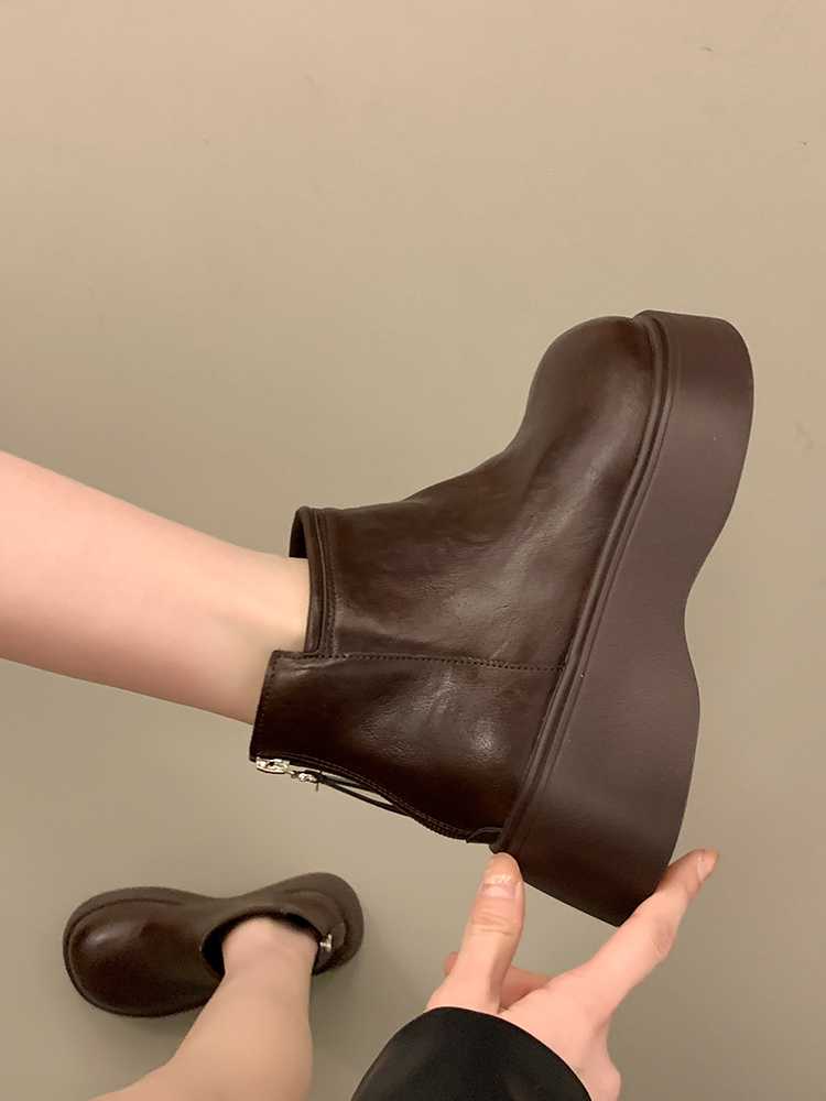 バイクブーツ 本革厚底サイドジップショートブーツ