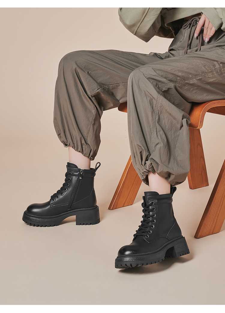 バイクブーツ 頑丈厚底レースアップショートブーツ