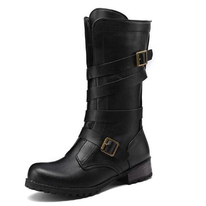 バイクブーツ 本革ダブルベルトバックルライダースロングブーツ