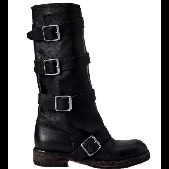 バイクブーツ 四連バックル本革ミドル丈バイクブーツ