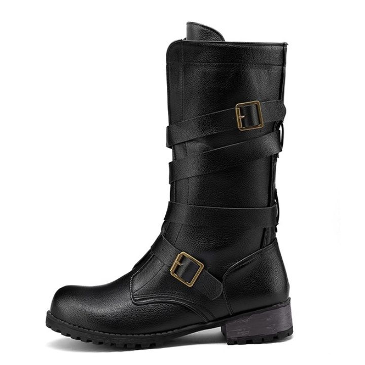 バイクブーツ 本革ベルトデザインバイクロングブーツ