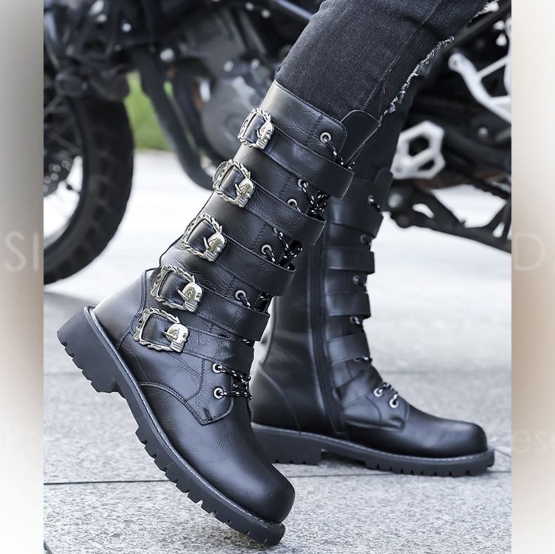 バイクブーツ 髑髏金具付きチェーンベルトロングブーツ