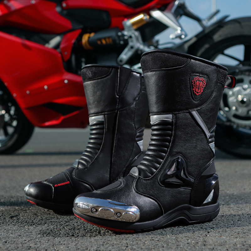 バイクブーツ プロテクター付き本革風ライディングロングブーツ