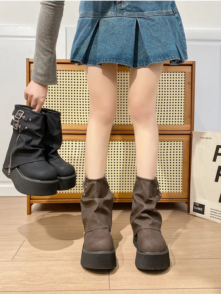 バイクブーツ 厚底ベルトジッパーショートブーツ