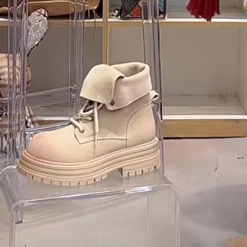 バイクブーツ 折り返しデザイン厚底ショートブーツ