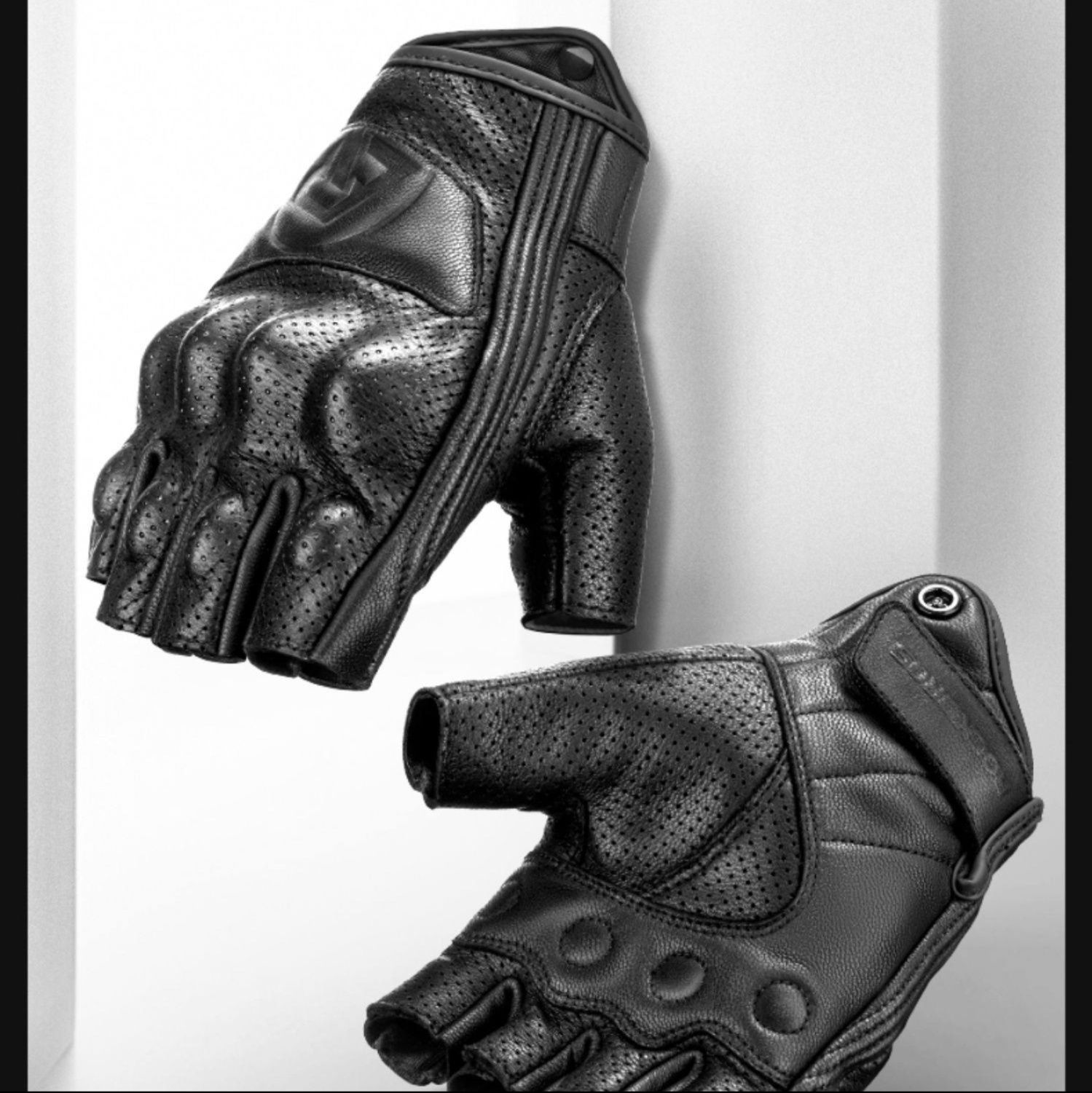 バイク ウェア 本革指先カット半指型ハードプロテクター付きグローブ