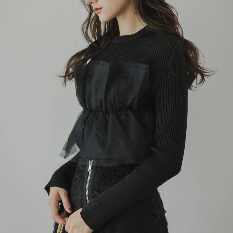 ビスチェ 透け感チュール重ねリブニットビスチェ風トップス