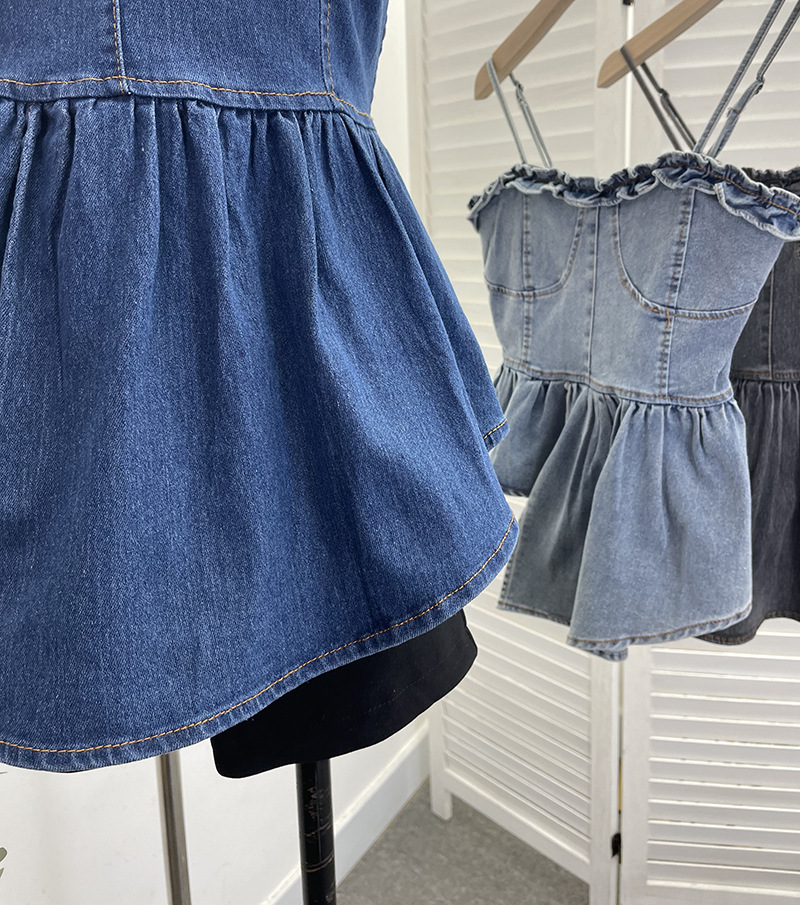 ビスチェ フリルトップデザイン裾非対称ペプラム　デニム