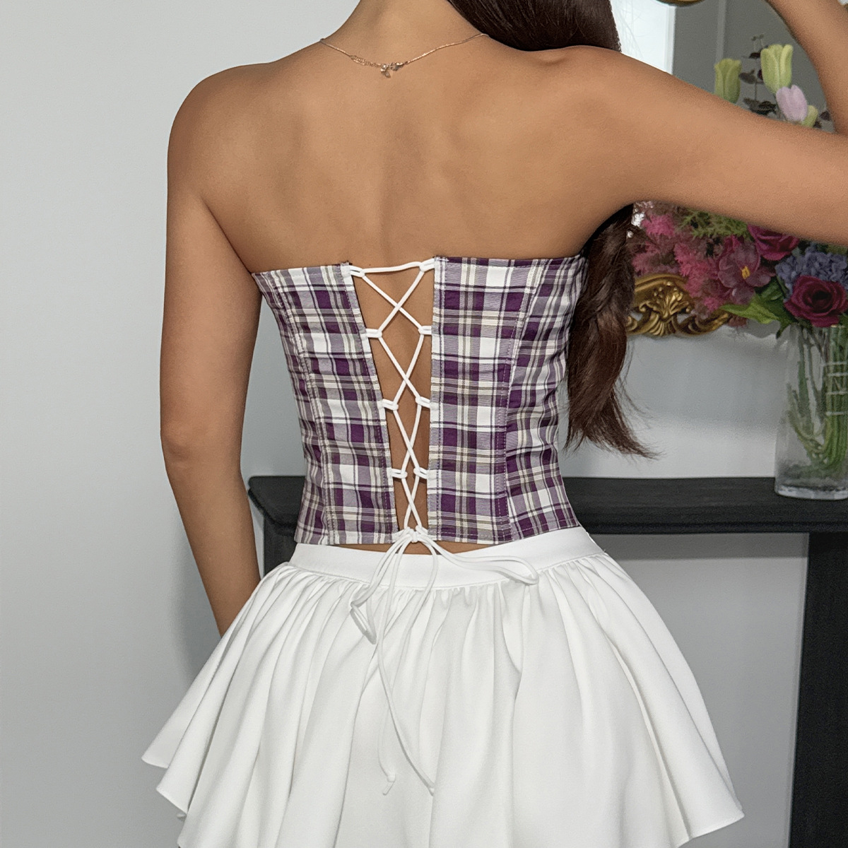 ビスチェ チェック柄ビスチェトップス フリル