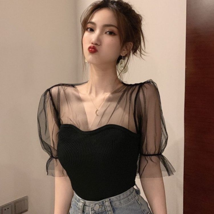 ビスチェ 透け感チュール袖付きリブニットビスチェ