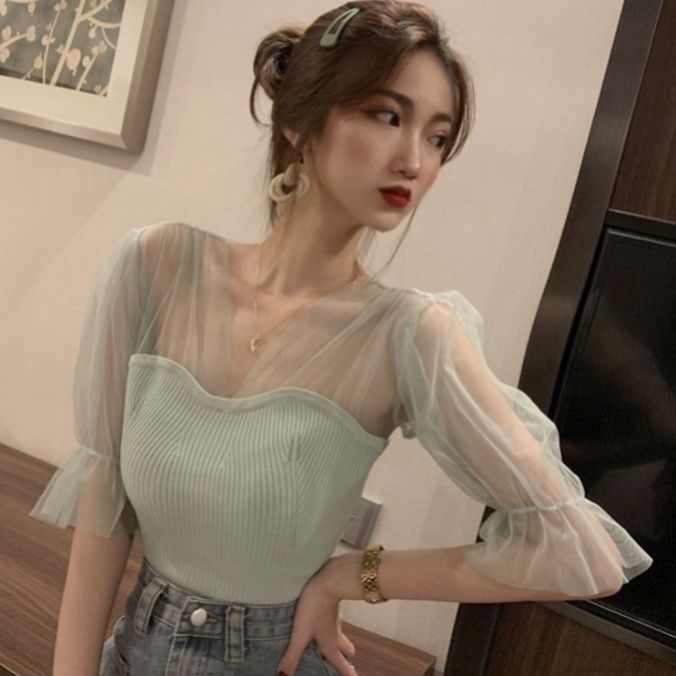 ビスチェ 透け感チュール袖付きリブニットビスチェ