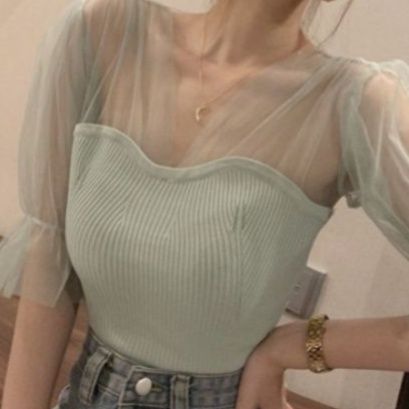 ビスチェ 透け感チュール袖付きリブニットビスチェ