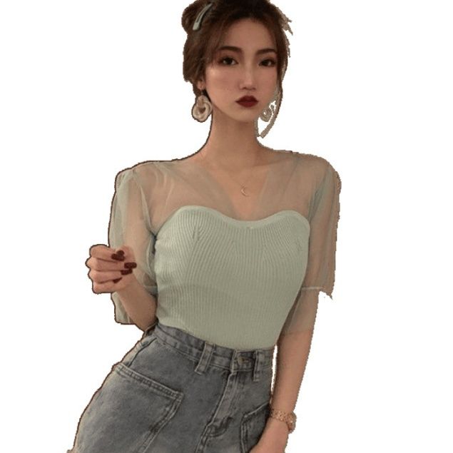 ビスチェ 透け感チュール袖付きリブニットビスチェ