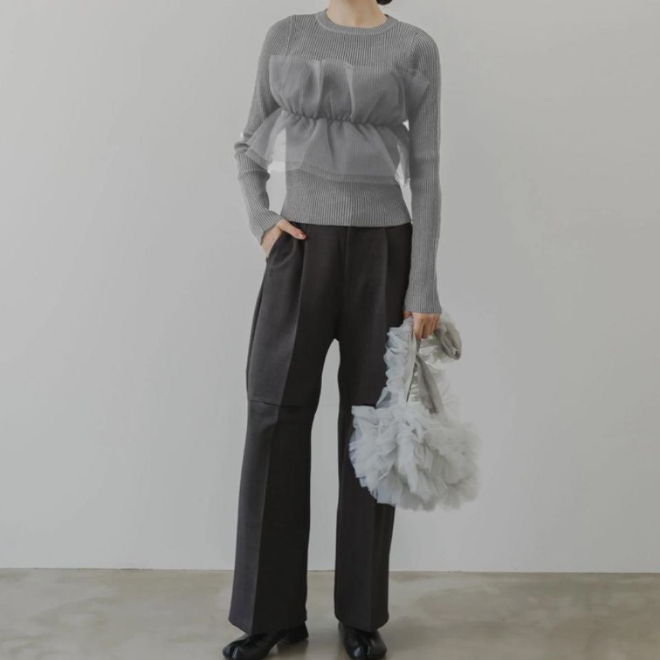 ビスチェ 透け感チュール重ねリブニットビスチェ風トップス