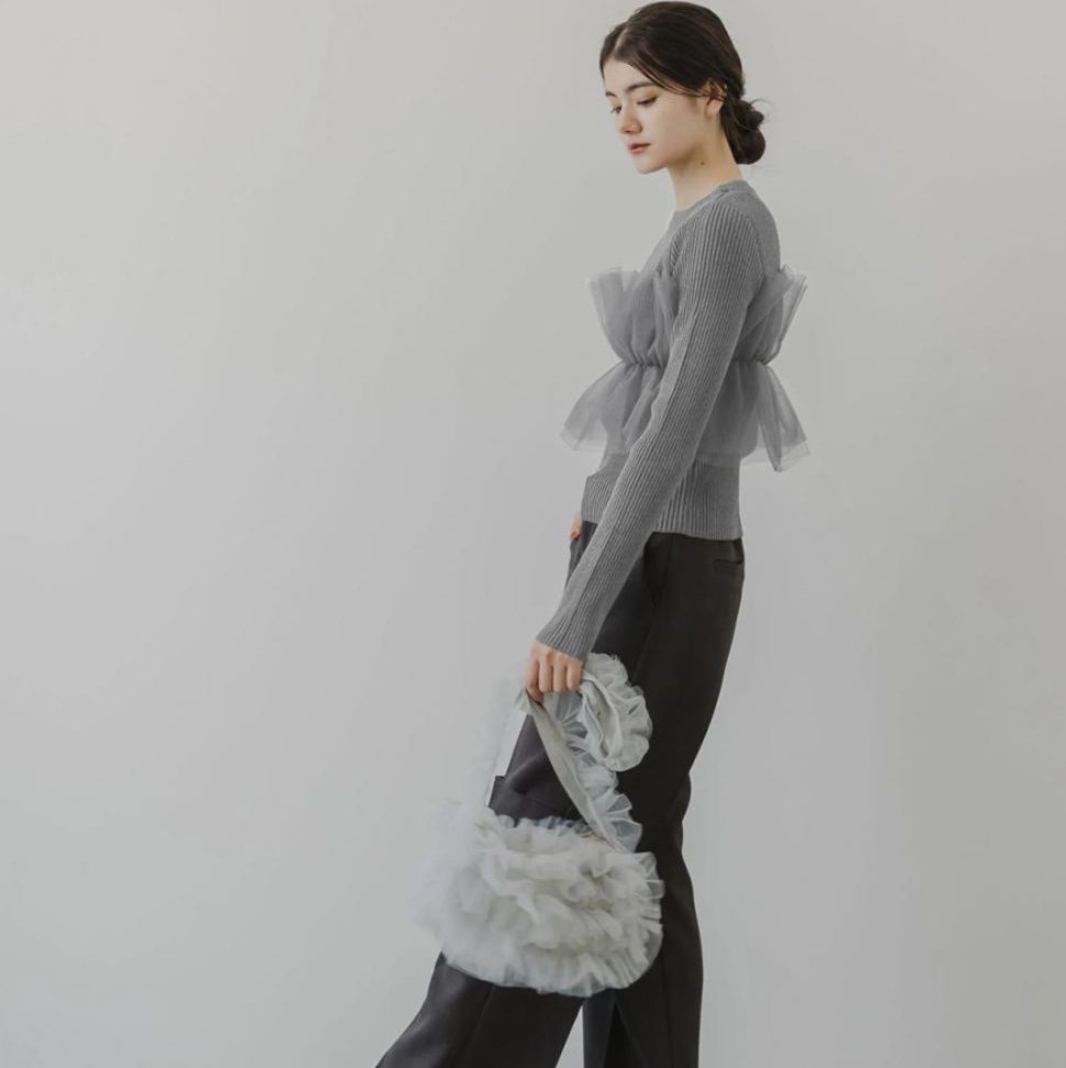 ビスチェ 透け感チュール重ねリブニットビスチェ風トップス