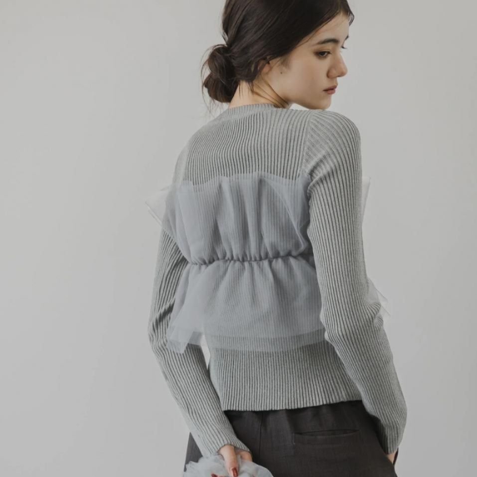 ビスチェ 透け感チュール重ねリブニットビスチェ風トップス